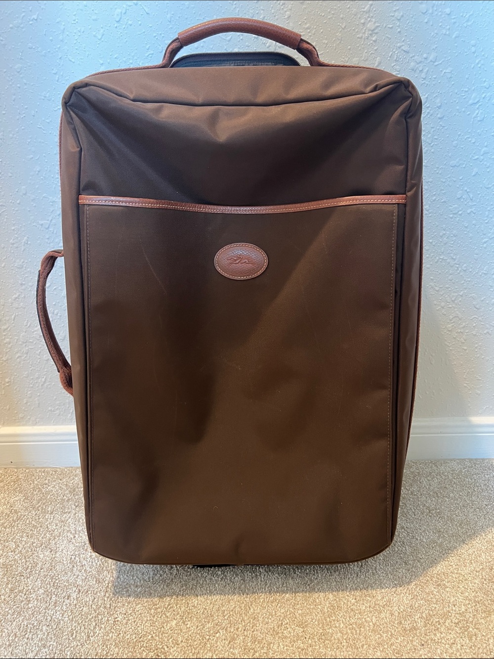 Longchamp Brown Traveler Rolling Suitcase with Leather Trim